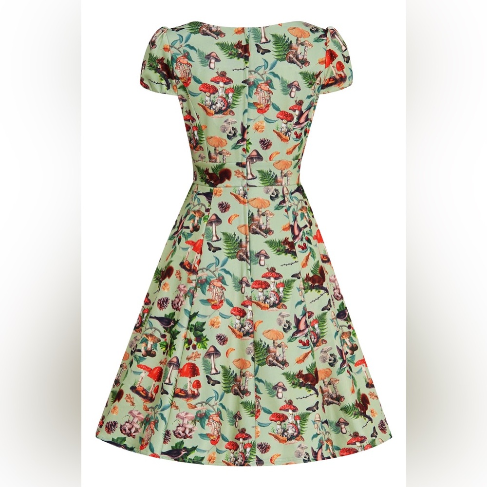 Dolly & Dotty 1950s Green Forest Mushroom Print Claudia Swing Dress, UK 12/US 8 - Picture 2 of 11